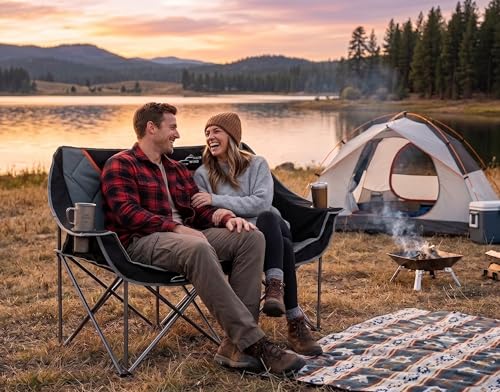 FAIR WIND Oversized Fully Padded Camping Chair Folding Loveseat Camping Couch Double Duo Chair Heavy Duty Quad Fold Arm Chair with Cup Hold - Supports 650 LBS Black