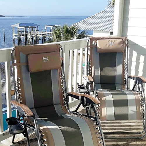 TIMBER RIDGE Outdoor Reclining Patio Padded with Adjustable Headrest and Cup Holder Foldable Zero Gravity Lawn Chair XL for Adults, Support up to 350 LBS, Brown,1 Count