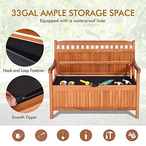 S AFSTAR Outdoor Patio Bench with Storage Box, 33 Gallon Storage Bench Deck Box with Dustproof Liner, Comfort Backrest & Wide Armrest, 800 lbs Capacity, Wood Bench for Garden Patio Park Porch