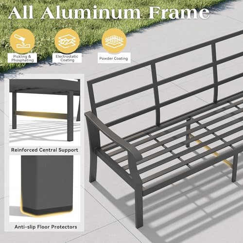 Mvpipi 7 Piece Aluminum Patio Conversation Set, Outdoor Metal Furniture Set w/Rocking Swivel Chairs, 3-Seat Sofa, Ottomans and Coffee Side Table, 5" Thickened Cushions for Backyard, Poolside, Gray