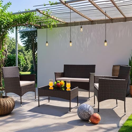Greesum Patio Furniture 4 Pieces Conversation Sets Outdoor Wicker Rattan Chairs Garden Backyard Balcony Porch Poolside loveseat with Cushion and Glass Table, Brown and Beige