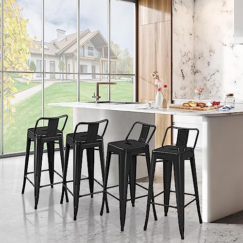 Yaheetech Bar Stools Set of 4, Metal Counter Height Chairs, 30 Inch Industrial Kitchen Stools with Backrest and Footrest for Indoor/Outdoor, Matte Black