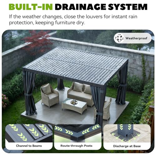 MELLCOM Louvered Pergola 10x12, Outdoor Rustproof Shelter with Adjustable Roof, Steel Aluminum Gazebo with Waterproof Curtains and Netting for Patio Deck, Dark Grey