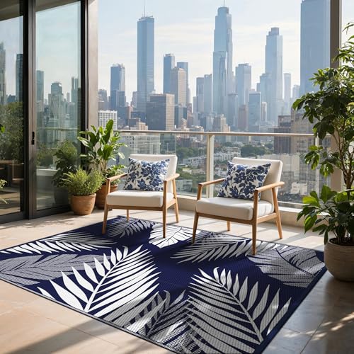 sarben Outdoor Rug 5’x8’ Waterproof for Patio Clearance, Reversible Indoor Outdoor Plastic Straw Camping Rug Carpet, RV Mat, Large Area Rug for Deck, Backyard, Balcony, Porch, Beach, Blue & White