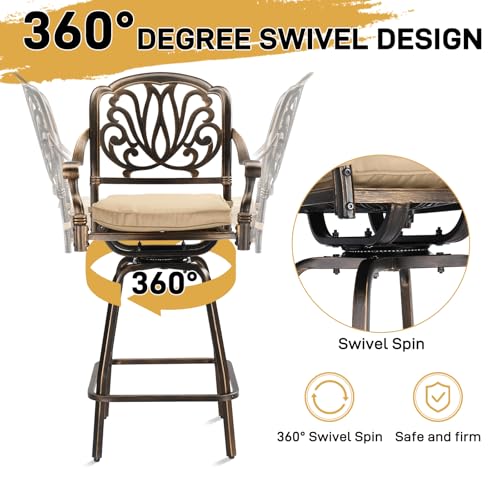 VINGLI Outdoor Swivel Bar Stools Set of 2, Cast Aluminum Patio Bar Height Chairs, All-Weather Bar Dining Chairs Outdoor Swivel Patio Furniture (Elizabethan Back)