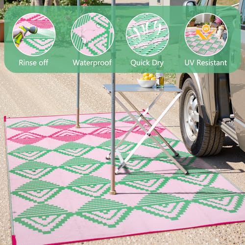Lahome Waterproof Outdoor Rug 8x10, Reversible Outdoor Plastic Straw Rug for Patios, Outside RV Mat Carpet for Deck Porch Backyard Balcony Picnic Trailer (Pink/Green, 8' x 10')