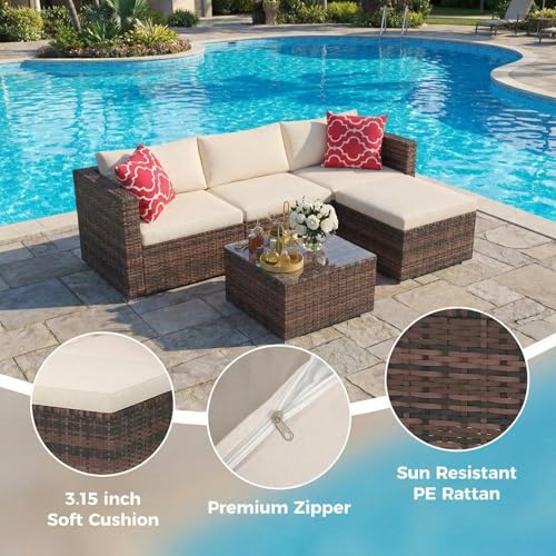 GarveeTech 5 Pieces Patio Furniture Set, All Weather Wicker Rattan Sectional Sofa, Outdoor Patio Furniture Set with Washable Cushions for Garden, Backyard, Porch, Poolside (Brown&Beige) ﻿