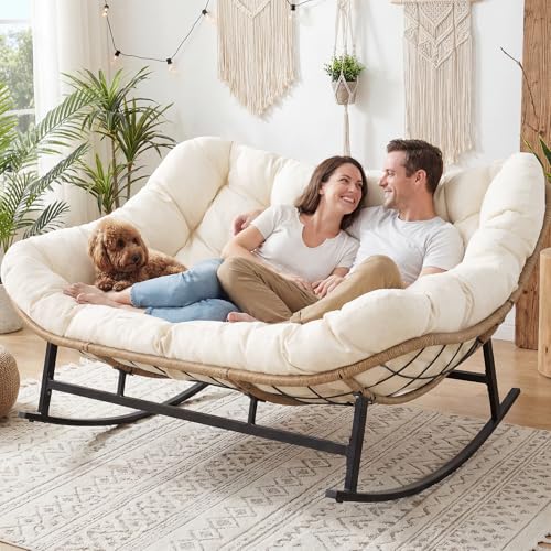 NICESOUL Oversized Double Rocking Papasan Chair with Thick Cushion, 2 Person Big Wicker Outdoor Comfy Recliner, Extra Large Heavy Duty Egg Loveseat for Patio, Balcony, Backyard, Garden, Beige