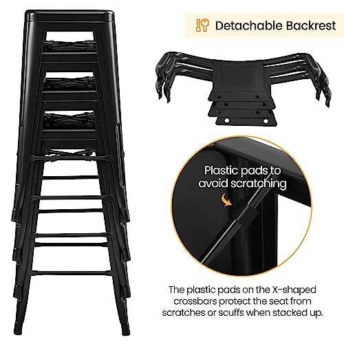 Yaheetech Bar Stools Set of 4, Metal Counter Height Chairs, 30 Inch Industrial Kitchen Stools with Backrest and Footrest for Indoor/Outdoor, Matte Black