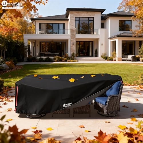 LSongSKY Outdoor Furniture Covers Waterproof,600D Heavy Duty Patio Furniture Covers for 6/7/8 PCS Sets Sectional Sofa Couch Rocking Swivel Chairs Ottomans Coffee Table,111L x 74W x 28H inch Black