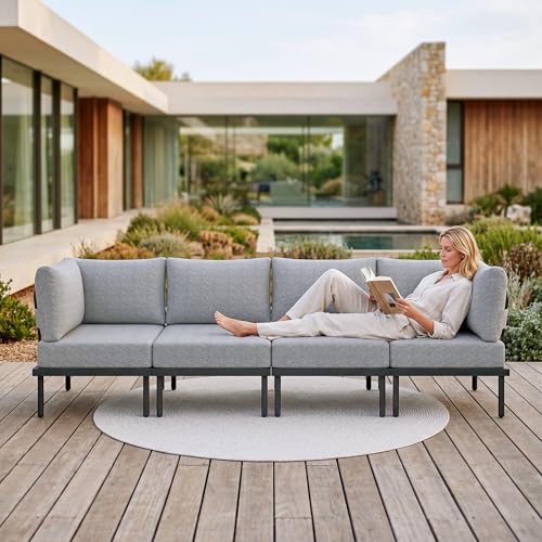 Sundale Outdoor 4 Pieces Patio Furniture Set, Metal Sectional Sofa Patio Conversation Set with 6 Inch Cushions, Modern Patio Corner Couch for Balcony, Porch, Sunroom (Grey/Dark Grey)