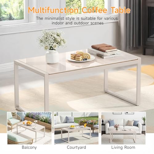 ONBRILL Rectangle Coffee Table with Tempered Glass Desktop, Galvanized Frame Outdoor Coffee Table with Adjustable Feet for Patio, Balcony, Deck, Living Room, Sand