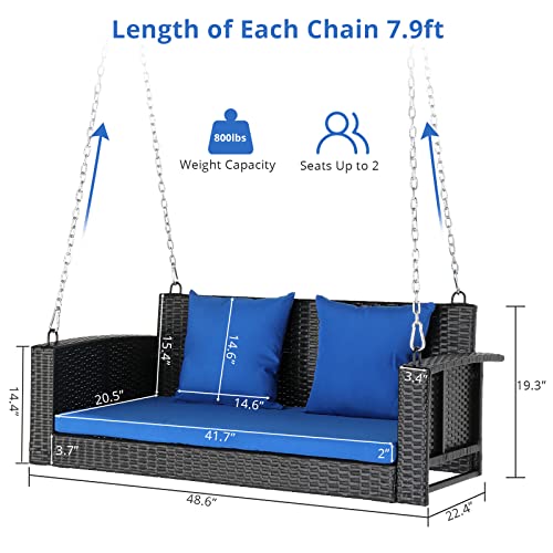 GODECOR 4FT Wicker Porch Swing for 2 Person, 800lb Capacity Outdoor Hanging Bench with Removable Cushions, Handwoven Weather-Resistant PE Rattan for Patio, Garden & Backyard