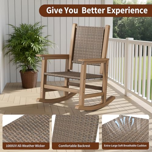 RICNOD HDPE Rocking Chair Outdoor 1 PCS, Wicker Rocking Chair for Patio, Woven Seat & Back, All Weather Rocking Chair for Front Porch, Garden, Lawn and Balcony (Brown)
