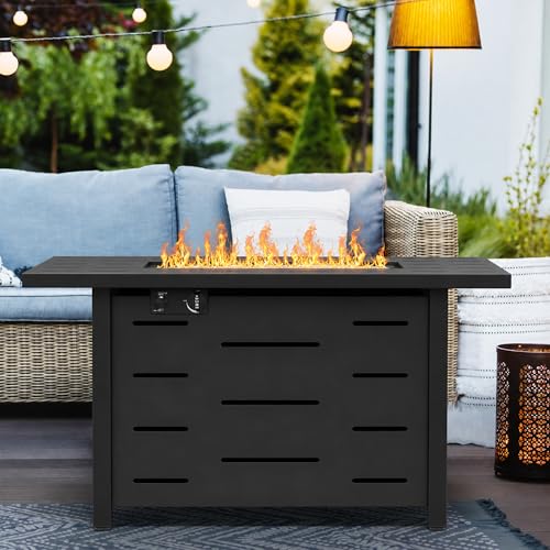 43 Inch Propane Fire Pit Table for Patio & Backyard, 50,000 BTU Steel Gas Fire Pit with Lid & Lava Rocks, Outdoor Table Heater for Deck, Garden, Smokeless Flame