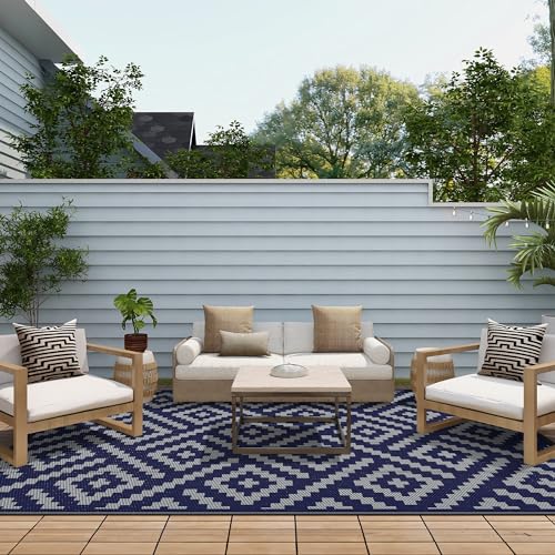 GENIMO Outdoor Rug for Patio Clearance, 6'x9' Waterproof Camping Mat, Reversible Plastic Straw Rugs for RV, Camper, Balcony, Backyard, Picnic, Deck (Blue & Grey)