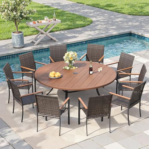 ARKOST Round Patio Dining Set for 10, 63" Round Metal Table with Umbrella Hole and Stackable Wicker Patio Chairs, Outdoor Furniture Set for Deck Backyard Garden, Walnut Chairs, Walnut Table