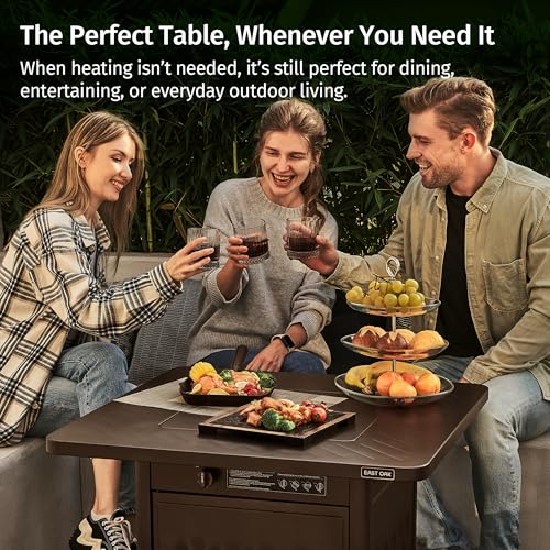 East Oak 28'' Propane Fire Pit Table, 50,000 BTU Steel Gas FirePit for Outdoor, Outside Patio Deck and Garden, CSA Certified Fire Table with Magnetic Lid, Cover-Storage Basket and Lava Rock, Brown