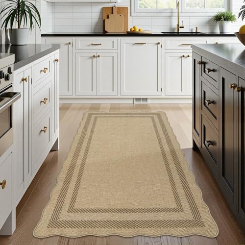 LIVEBOX Scalloped Easy Jute 3x5 Outdoor Rug, Washable Non-Slip Geometric Tan Rugs for Entryway, Indoor Outdoor Farmhouse Rug Modern Carpet Door Mat Area Rug for Patio Bedroom Living Room Kitchen Porch