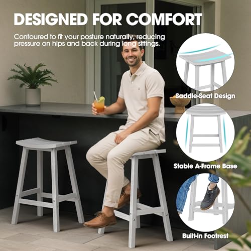 Ciokea 2 Set 29" Outdoor Bar Stools Heavy Duty HDPE Outdoor Stools Waterproof Weatherproof Patio Seats Modern Bar Height Tall BarStools for Bar Deck Balcony Kitchen Yard, White
