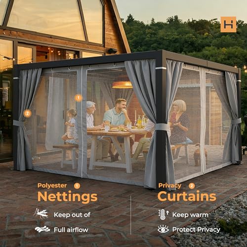 HAPPATIO Louvered Pergola 10‘ x13’ Outdoor, Aluminum Frame with Adjustable Rainproof Roof, Patio Pergola with Curtains and Mosquito Nets, Aluminum Frame for Patio, Backyard, Deck, Garden (Gray)