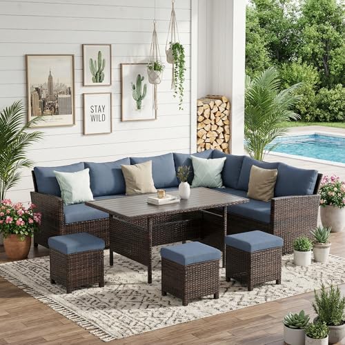 Wisteria Lane 7 Piece Patio Furniture Set, High Curved Back Wicker Patio Sectional, All Weather Outdoor Dining Set, Outdoor Furniture Patio Conversation Set with Ottoman, Blue