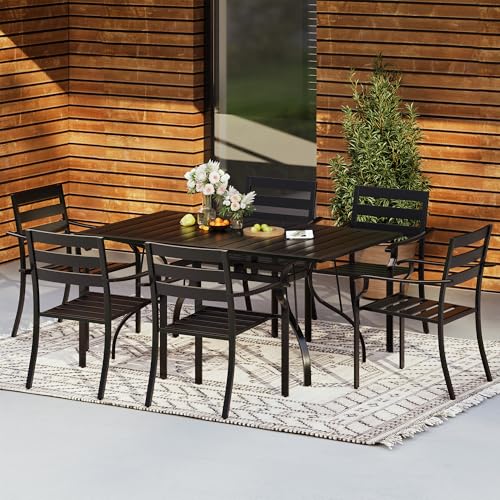 HOMREST 7 Piece Outdoor Patio Dining Set for 6, 63" Rectangular Metal Table with Umbrella Hole and Storage Shelf, Stackable Steel Chairs, Large Patio Furniture Set for Deck/Backyard/Poolside/Garden