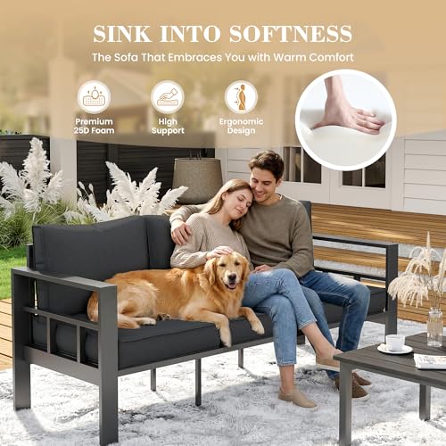 UDPATIO Aluminum Outdoor Furniture Set with 2 Ottomans and Fire Pit Table, 7 Pieces All-Weather & UV-Resistant Patio Sectional Sofa Set for Deck, Backyard, Poolside, Dark Gray