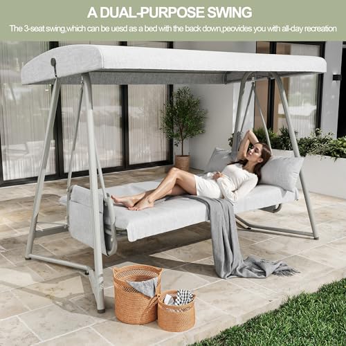 LUTINLIX 3-4 Person Oversized Outdoor Porch Swing with Adjustable Backrest Canopy,2-in-1 Swing Bed 800 lbs Capacity,Patio Swing with Removable Cushions for Yard Garden Poolside Balcony
