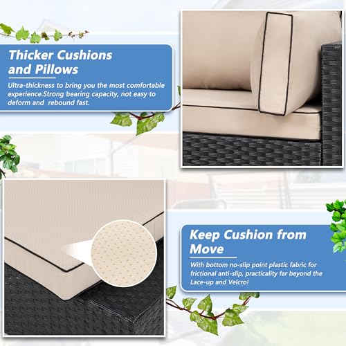 Patio Furniture Sets, 5 Piece Outdoor Sectional Sofas, Wicker Rattan Outdoor Furniture Patio Conversation Set, All-Weather PE Rattan Outdoor Couch for Backyard, Garden, Black & Khaki