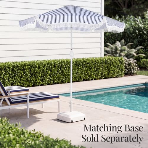 Best Choice Products 9ft Fringe Market Patio Umbrella – Outdoor Boho Tassel Sunshade for Table, Pool, Deck, Backyard – UPF50+, Easy Tilt, Heavy Duty Steel Pole & Ribs - Navy Pinstripe