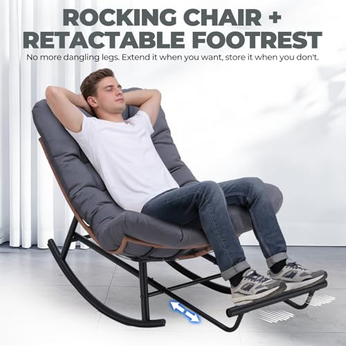 COMHOMA Outdoor Rocking Papasan Chair, Oversized Wicker Patio Rocker, Indoor Comfy Wicker Reading Lounge, Bed-Like Comfort Egg Chair for Bedroom,Balcony, Porch, Garden, Grey