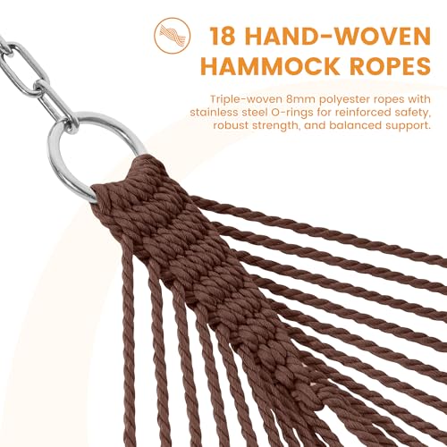 Lazy Daze Hammocks 10.5 FT Double 2 Person Caribbean Rope Hammock, Hand Woven Polyester Hammock with Spreader Bars for Outdoor Backyard Patio Poolside, 450 LBS Capacity, Brown