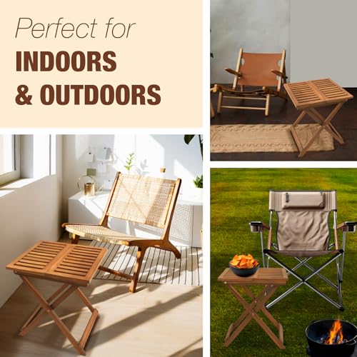 GREEN ALLUVIUM Folding Wooden Side Table – Premium Portable Foldable Table for Outdoor & Indoor Use, Patio, Camping & Small Spaces – Perfect with Adirondack Chairs – Golden Teak Finish