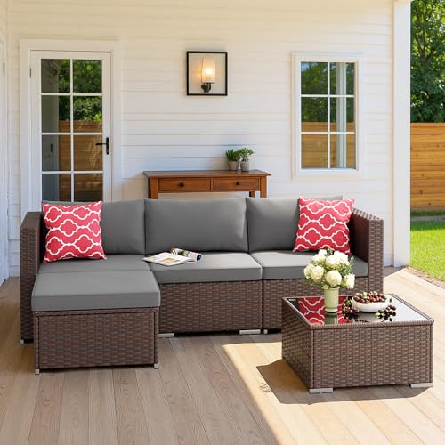 Aiho 5 Pieces Patio Furniture Set All-Weather Outdoor Wicker Sectional Patio Furniture with Cushion and Glass Table (Grey)