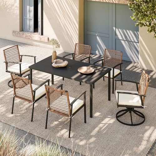 LAUSAINT HOME 7 Pieces Patio Dining Set, Outdoor Furniture Set of 6 Wicker Chairs (2 of Them Swivel) with Soft Cushion and Iron Slats Table Top with Umbrella Hole, Conversation Set for Backyard