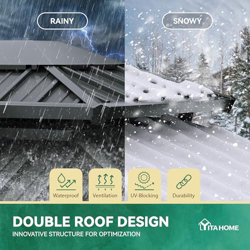 YITAHOME 9x11FT Hardtop Gazebo Double Roof Canopy w/Netting and Curtains, Outdoor Gazebo Permanent Galvanized Iron Steel Gazebo for Patio, Backyard, Deck and Lawns, Brown