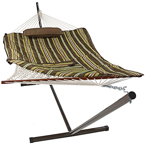 Sunnydaze Rope Double Hammock with Stand for Outside - Heavy Duty Freestanding Portable Outdoor Hammock Set with Quilted Pad, Pillow, and 12-Foot Steel Frame - 450 lb Capacity - Desert Stripe