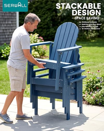 SERWALL Stackable Modern Adirondack Chairs Set of 4, HDPE Outdoor Patio Chairs with Space-Saving Design, All-Weather Fire Pit Chairs with Widened Seat for Deck, Backyard, Garden, Lawn (Blue)