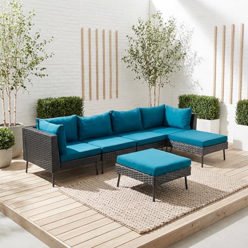 VINGLI 6-Piece Patio Furniture Set, All-Weather Wicker Outdoor Sectional Sofa with Thick Cushions, Hand-Woven Rattan Conversation Set for Garden & Backyard (Black)