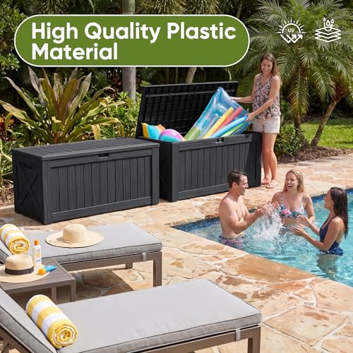 Flamaker Resin Deck Box 120 Gallon Waterproof Large Outdoor Indoor Storage Box Imitation Wood Resin for Patio Furniture Garden Tools and Pool (Black)