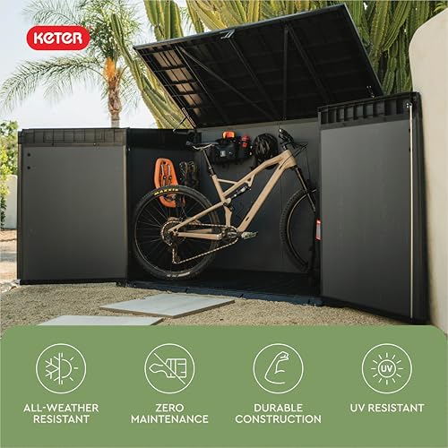 Keter Cortina Mega All‑Weather Outdoor Resin Horizontal Storage Shed with Lockable Doors, Garbage Bin & Yard Equipment Storage, Durable Patio Storage Cabinet, Graphite