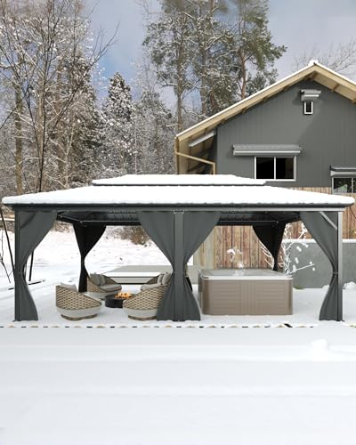 KYBOLT 12x20 Ft Hardtop Gazebos with Heavy Duty Double Roof, Nettings and Curtains Galvanized Steel Outdoor Gazebos for Patio, Backyard, Deck, Lawn (Grey)