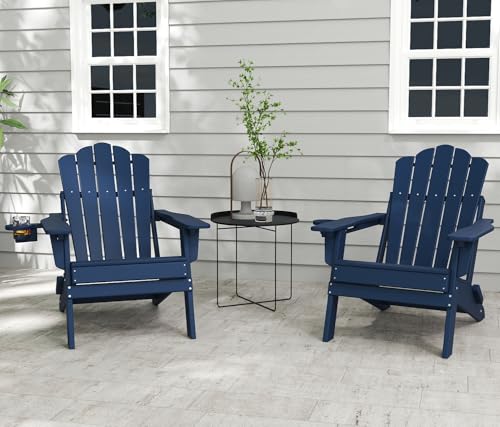 FOOWIN HDPE Adjustable Adirondack Chair Set of 2, 400lbs Heavy Duty Folding Patio Chairs with Cup Holder, 3-Position Reclining Fire Pit Seating, All-Weather Poly Lumber for Backyard, Deck - Navy Blue
