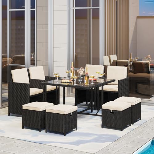 Yaheetech 9-Piece Patio Dining Sets, Outdoor Space Saving Rattan Chairs with Glass Table, Wicker Sectional Conversation Furniture Set with Removeable Cushions, Black/Beige