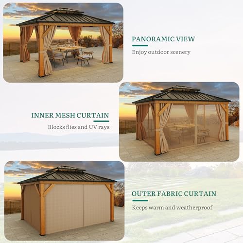 YITAHOME 13X15 Wood Gazebo Hardtop with Nettings and Curtains, Heavy Duty Double Roof Galvanized Steel Outdoor Wood Frame Roof for Patio, Backyard, Deck, Lawns