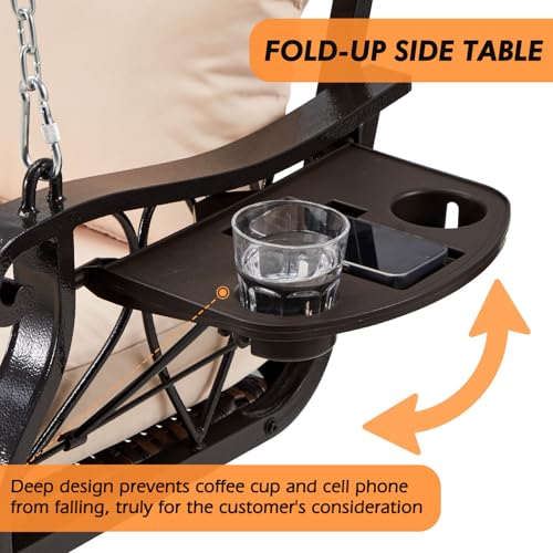 ZZW 3-Person Wicker Porch Swing Chair Heavy Duty 900 LBS Outdoor Rattan Patio Swing Chair w/Cup-Holder & Steel Chains Hanging Bench Porch Swing Cushions for Deck & Backyard & Garden