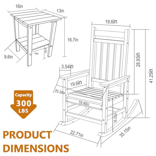 HRVEOCEI Oversized Outdoor Rocking Chair Set of 2 with Table, HDPE Patio Racking Chairs for Front Porch Outside All Weather, 300 LBS Capacity (Set of 2, Black)