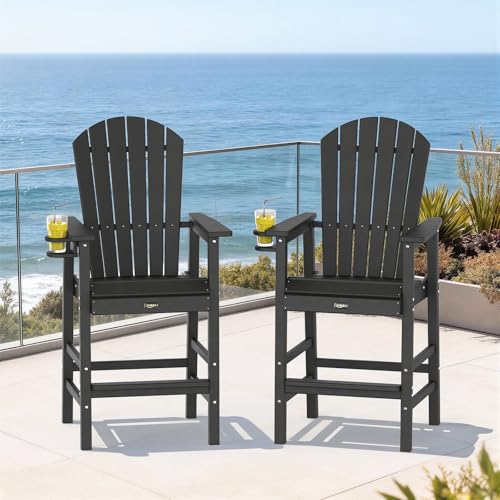 VINGLI Tall Adirondack Chair, All-Weather Plastic Adirondack Chair with Cup Holder Heavy-Duty Outdoor Barstools for Patio, Pool, Balcony,Backyard (Black, 1 PCS)