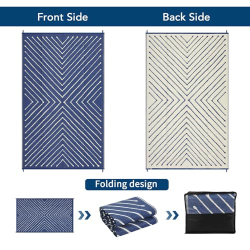 Garvee Striped 5x8 Outdoor Rug Waterproof Reversible Patio Mat, Portable Lightweight Plastic Straw Camping Rug for RV, Balcony, Backyard, Porch, Beach, Picnic, UV Protected & Easy Clean, Navy & White